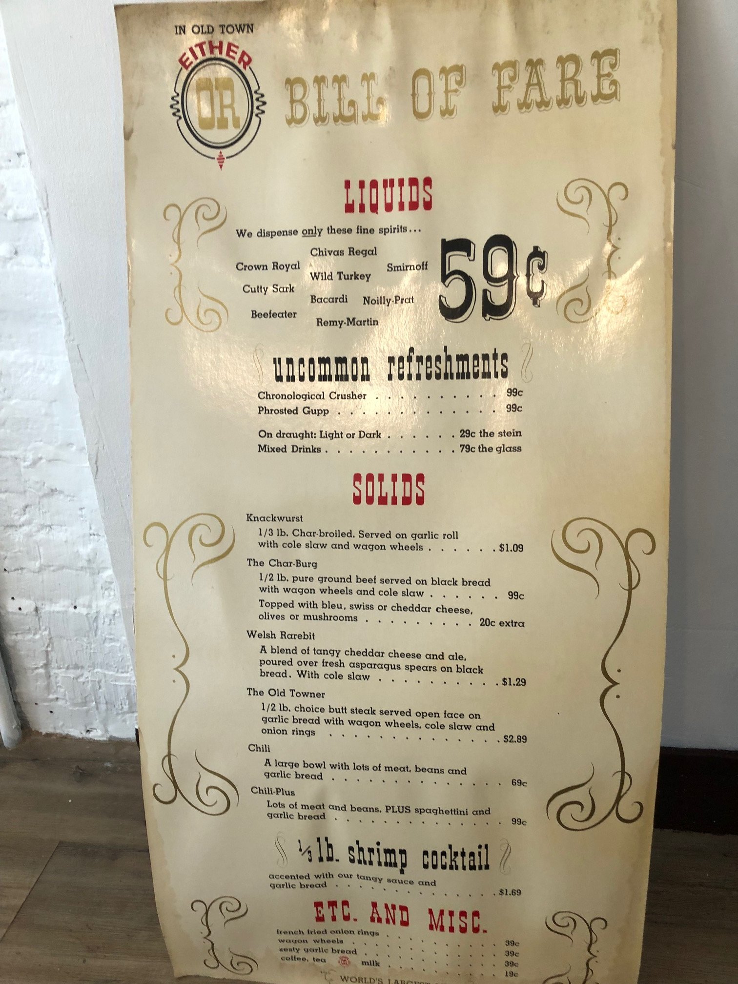 Either Or restaurant Bill of Fare sign