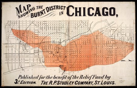 A contemporary map showing the area destroyed by the Great Chicago Fire