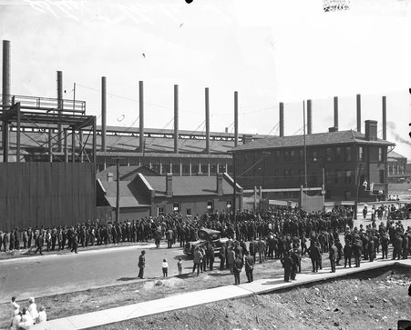 Steel workers on strike at the U.S. Steel plant in Gary, Indiana