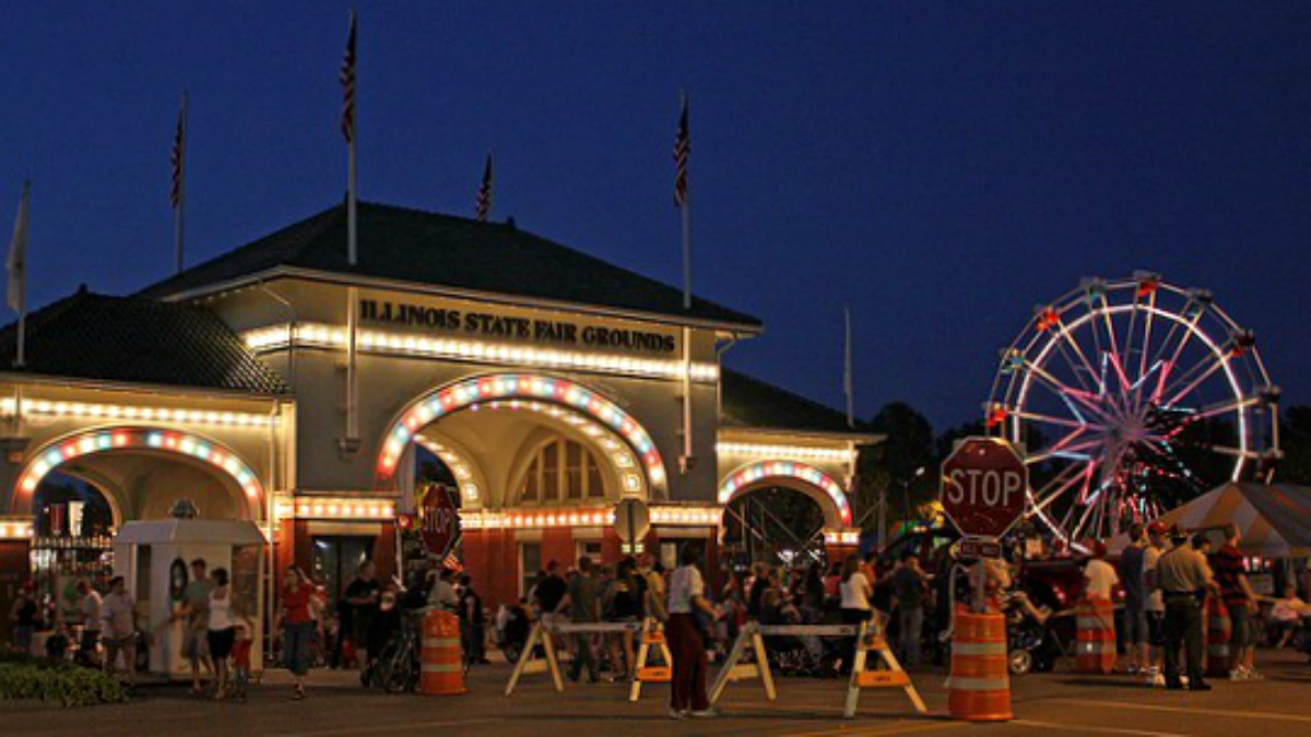Illinois State Fair Grounds entrance at night