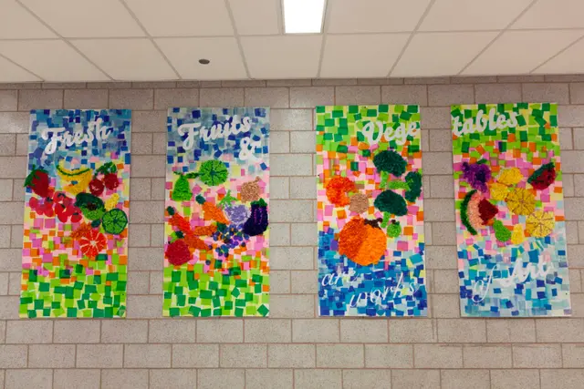 Fruit and Vegetable Project 4 plywood panels Dorian Sylvain in collaboration with students at John L. Marsh Elemenatary School, CPS. Photo courtesy AiPS